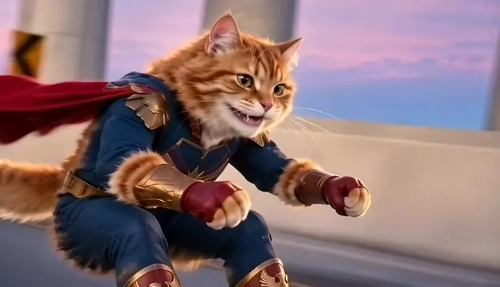 Finished video close-up of the orange cat grinning in a navy hero suit and red cape